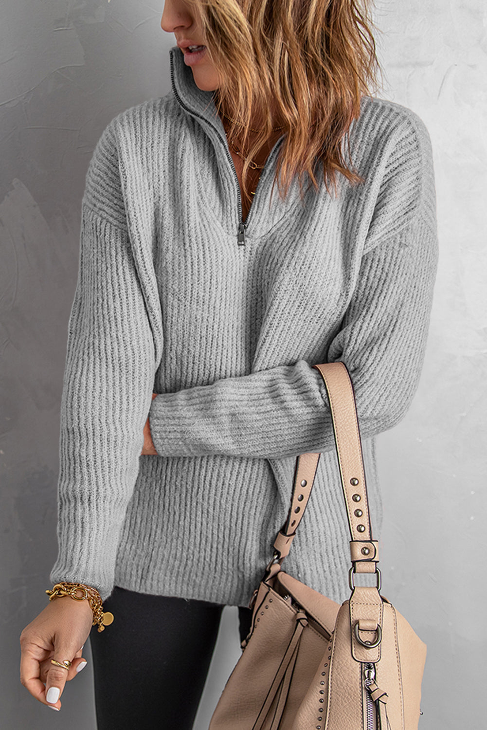 Casual Gray Zip Neck Knitted Sweater