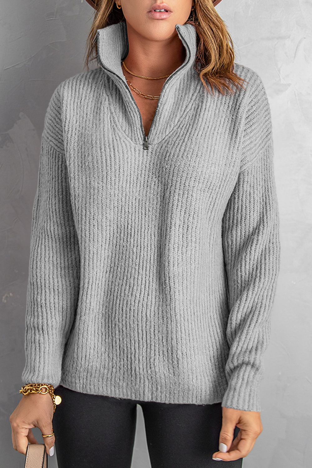 Casual Gray Zip Neck Knitted Sweater