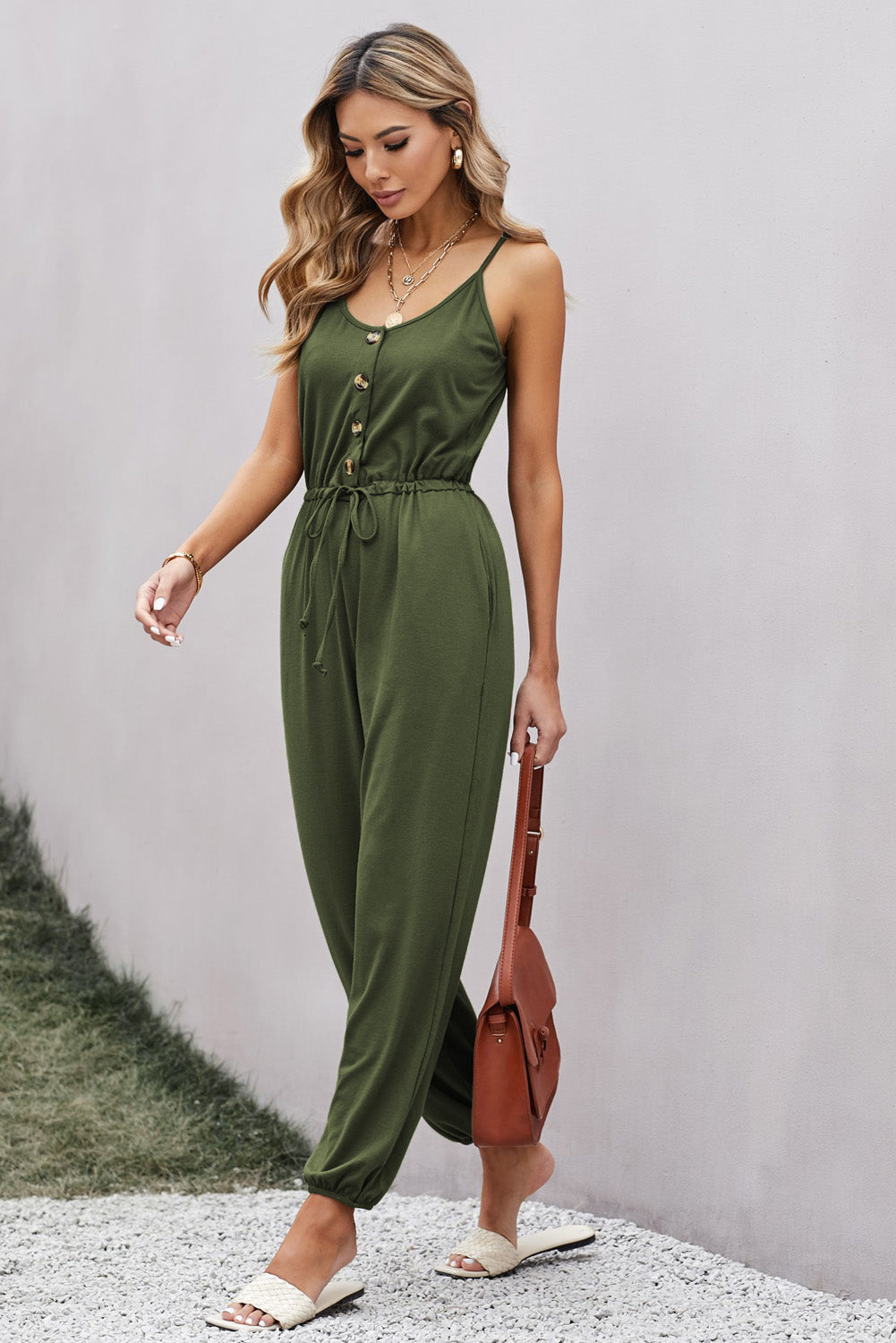 Casual Green Spaghetti Strap Pocketed Knit Jumpsuit