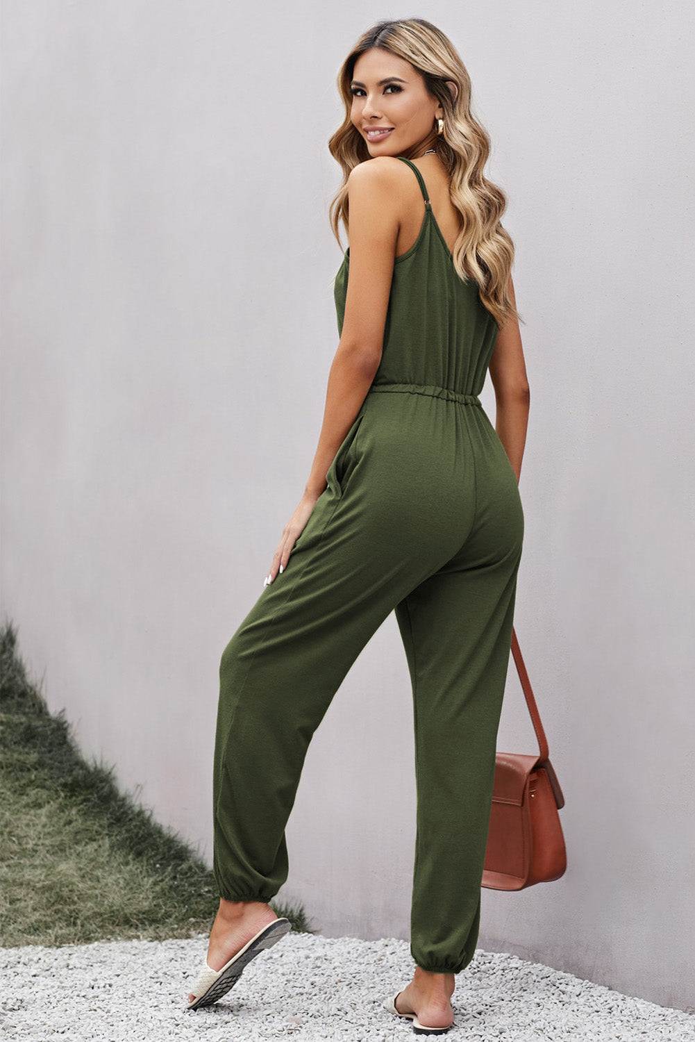 Casual Green Spaghetti Strap Pocketed Knit Jumpsuit