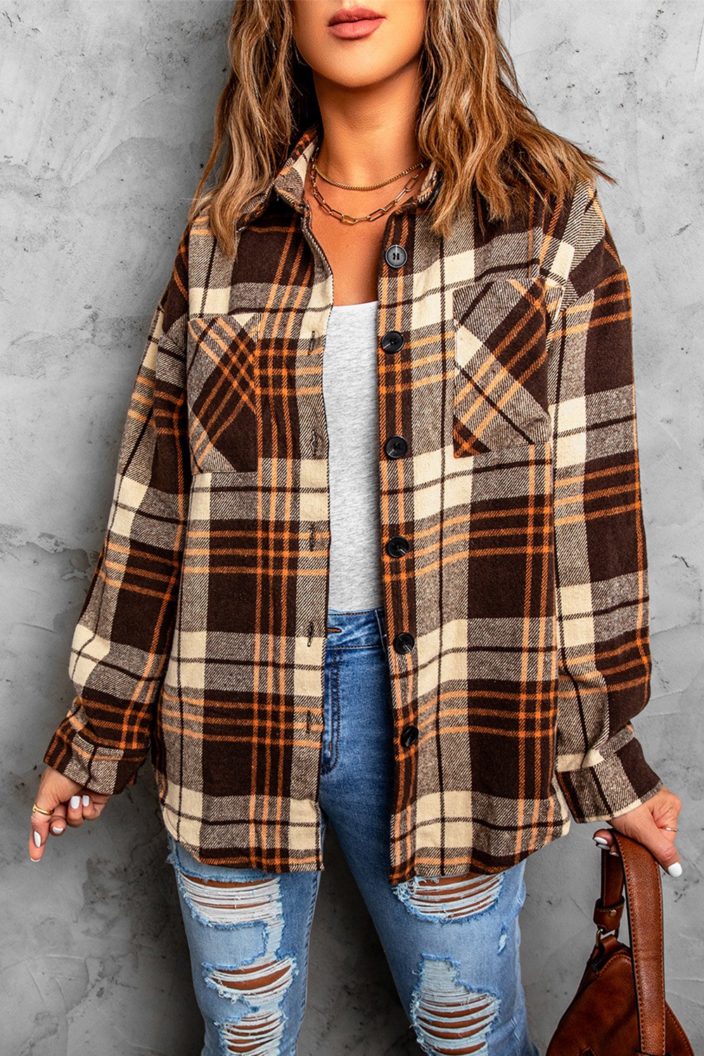 Casual Khaki Grid Print Boyfriend Shirt Coat