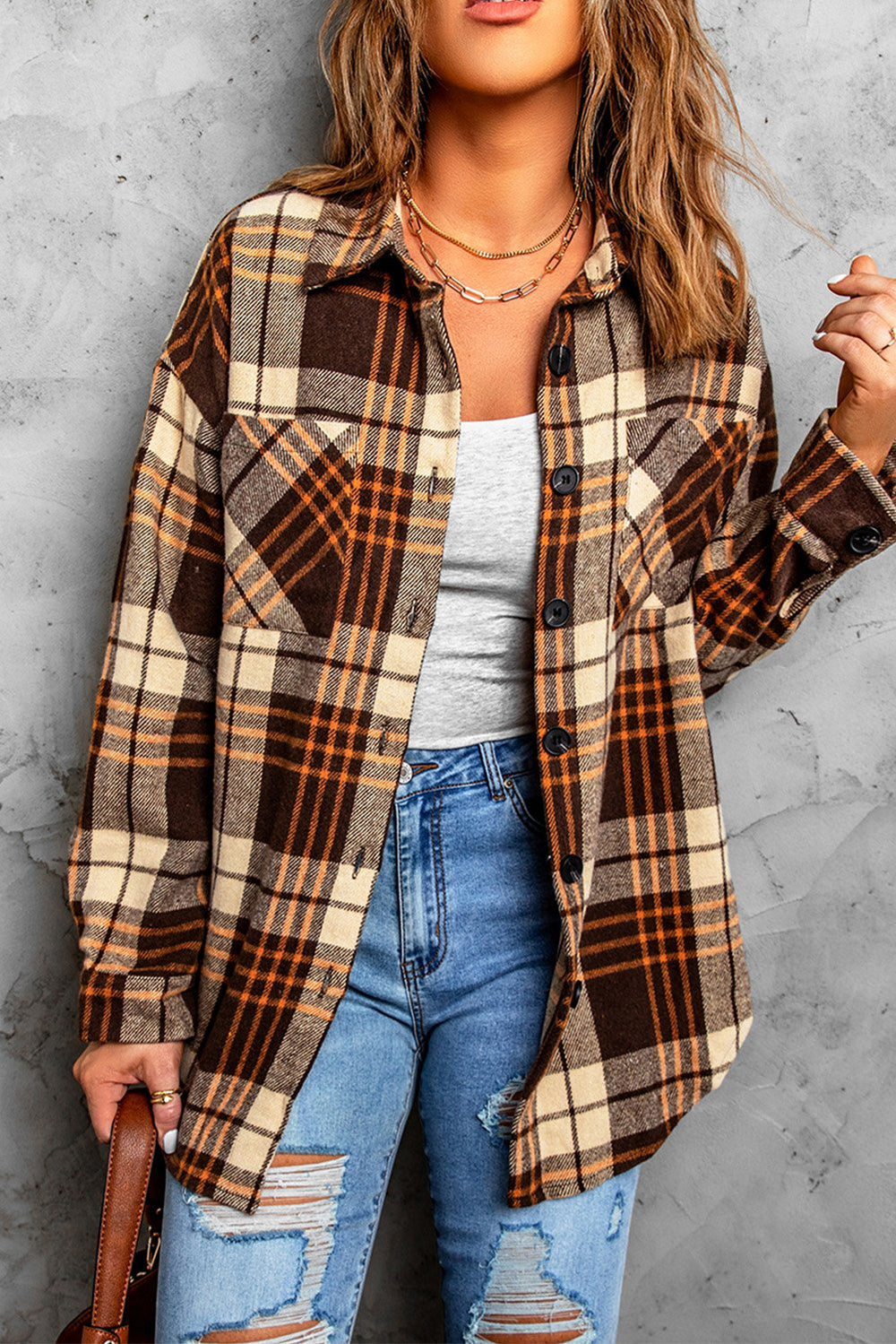 Casual Khaki Grid Print Boyfriend Shirt Coat