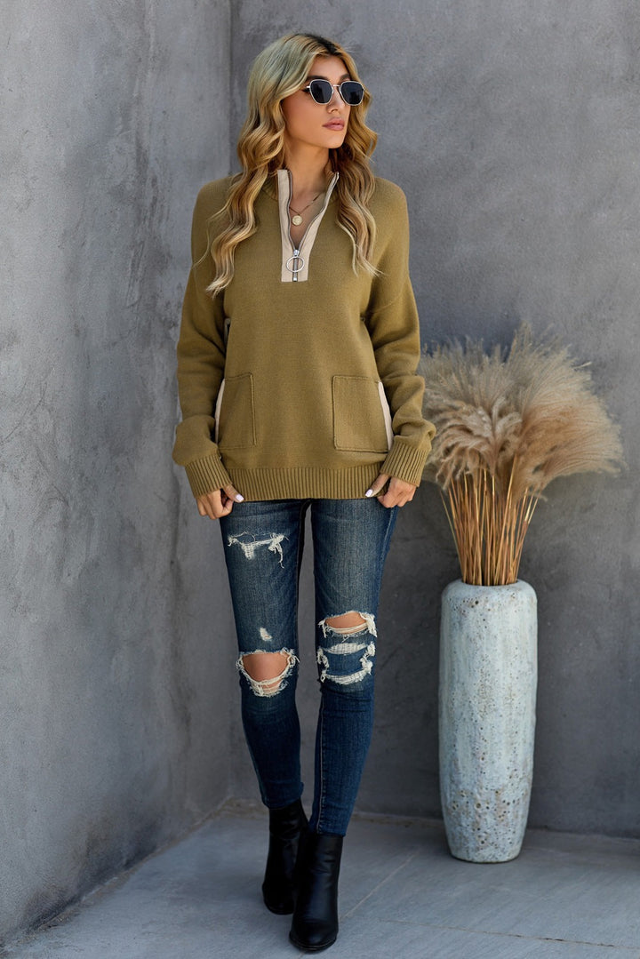 Casual Khaki High Neck 1/4 Zip Pocketed Cozy Sweater