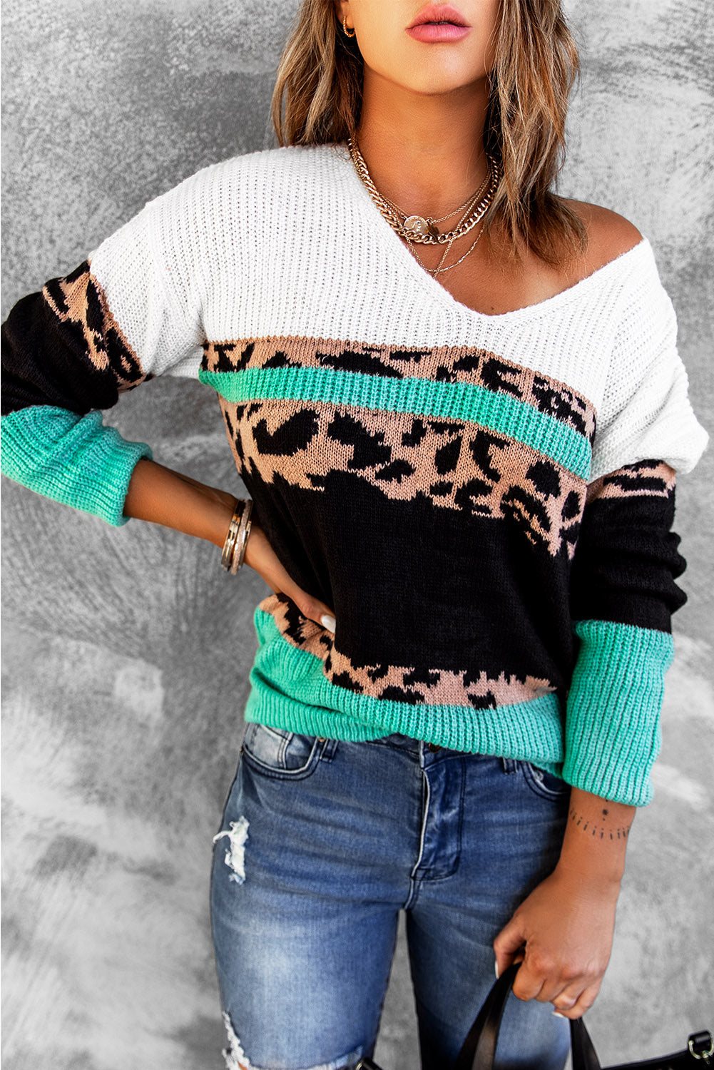 Casual Leopard Print Color Block V Neck Sweater