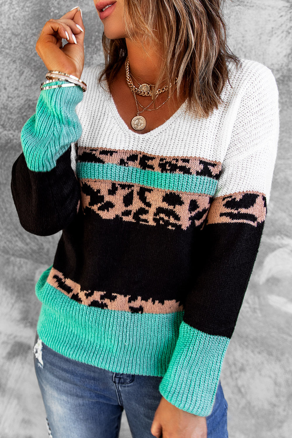 Casual Leopard Print Color Block V Neck Sweater