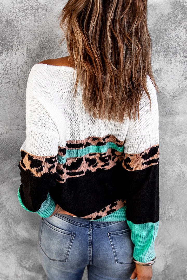 Casual Leopard Print Color Block V Neck Sweater