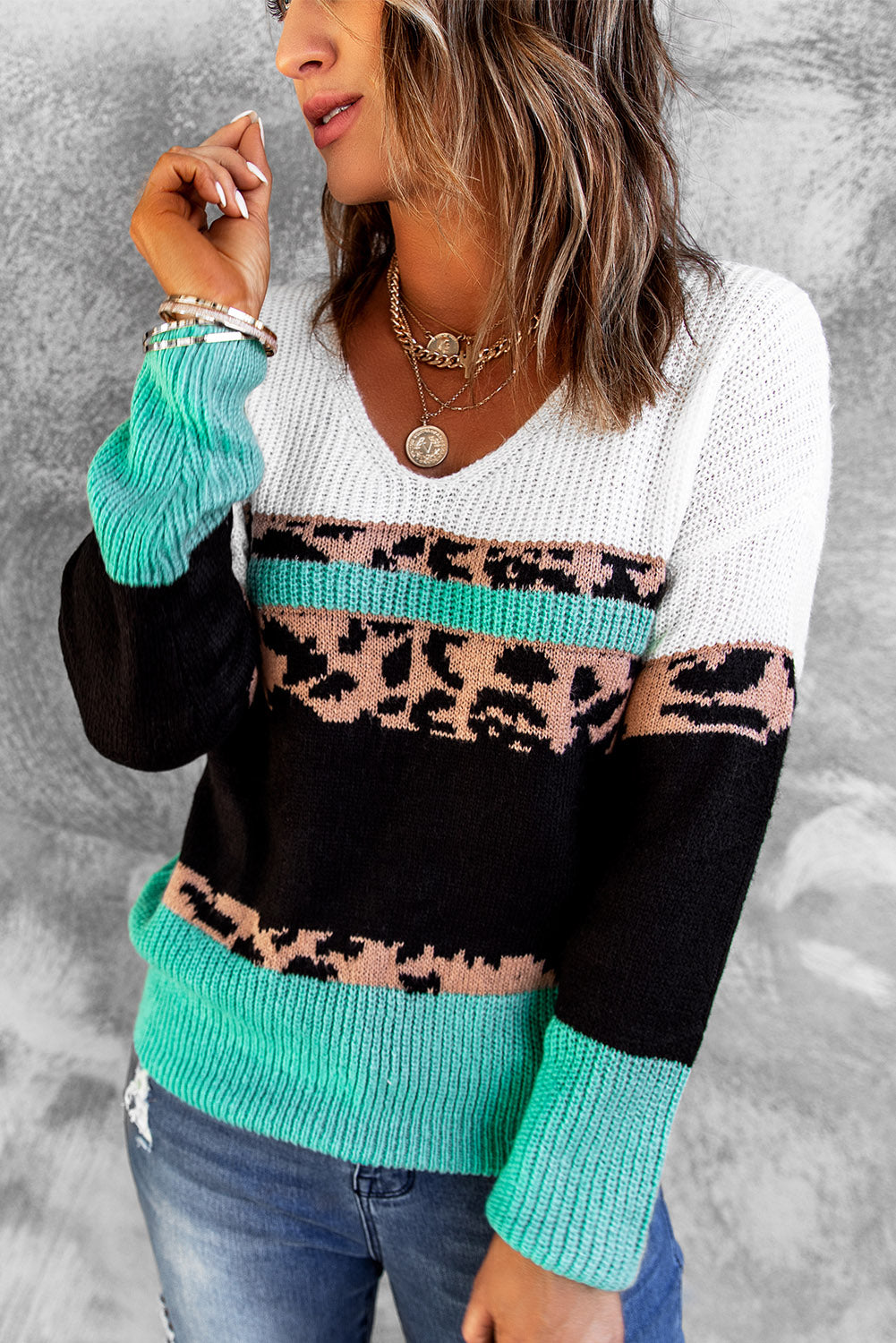 Casual Leopard Print Color Block V Neck Sweater