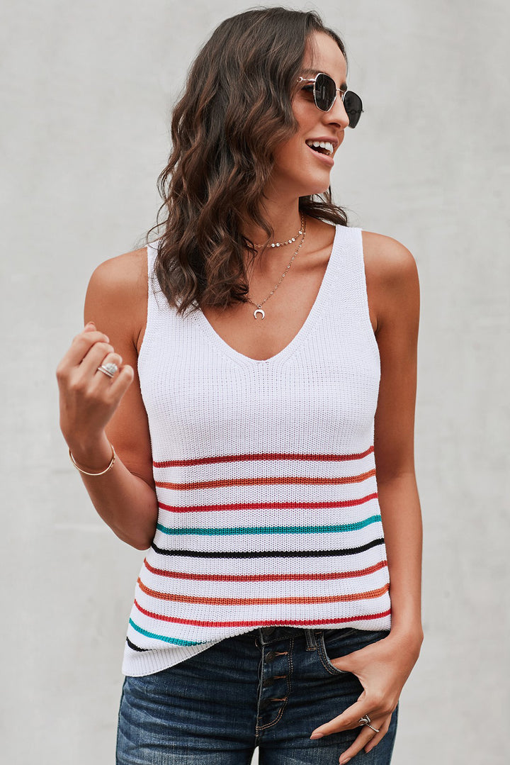 Casual Multicolor Stripes White Knit Tank Top