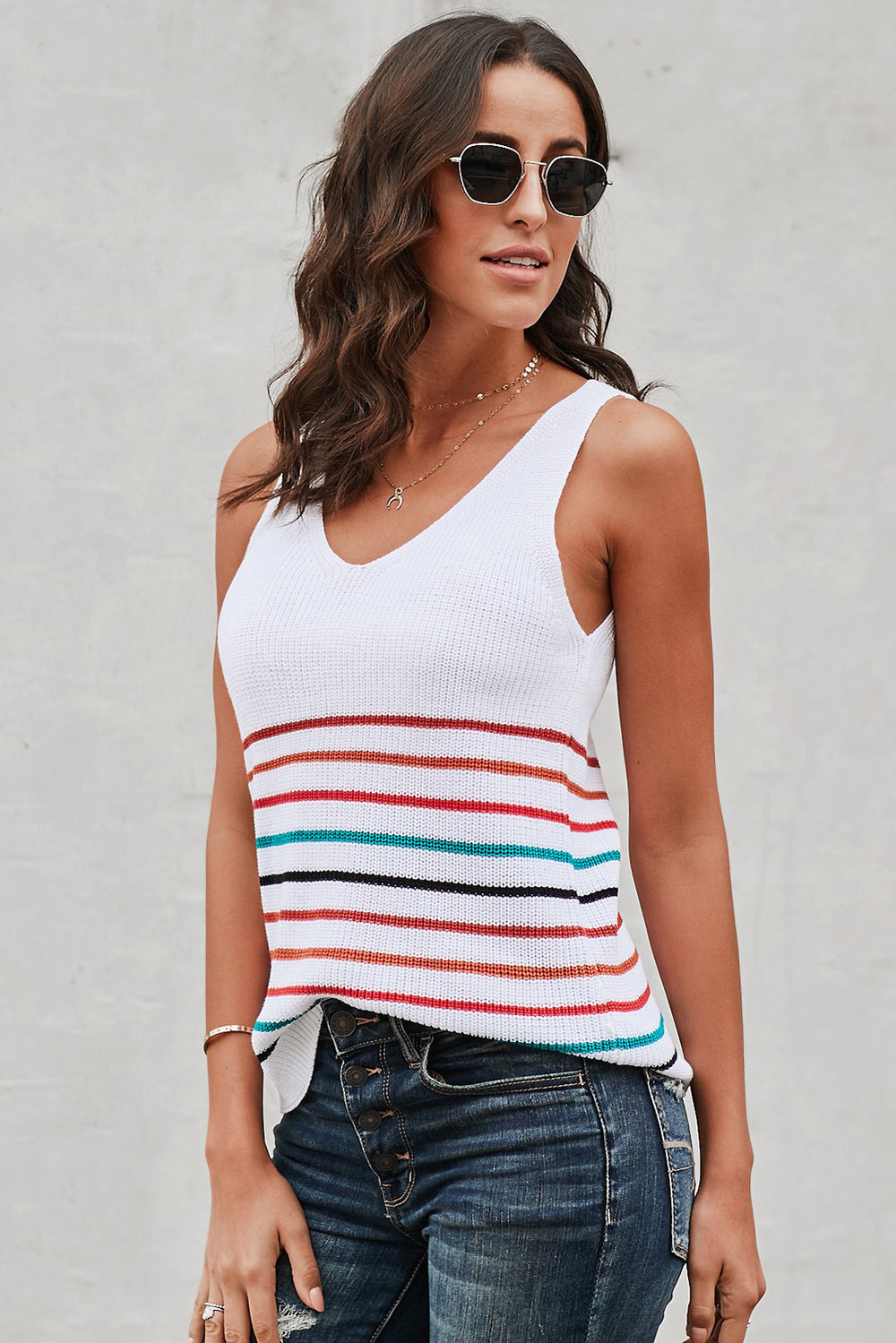 Casual Multicolor Stripes White Knit Tank Top
