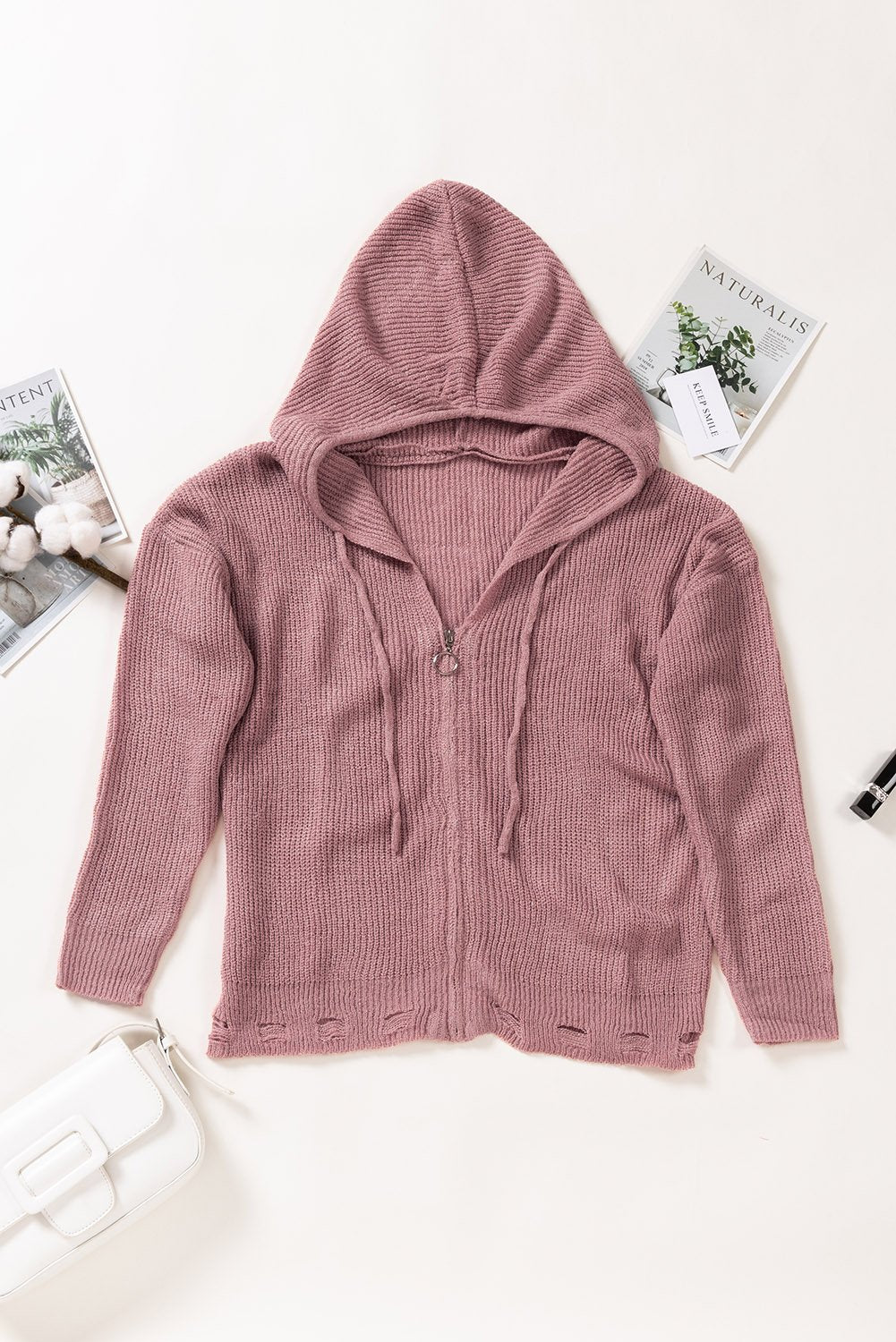 Casual Pink Zipper V-neck Dropped Sleeve Hooded Solid Sweater