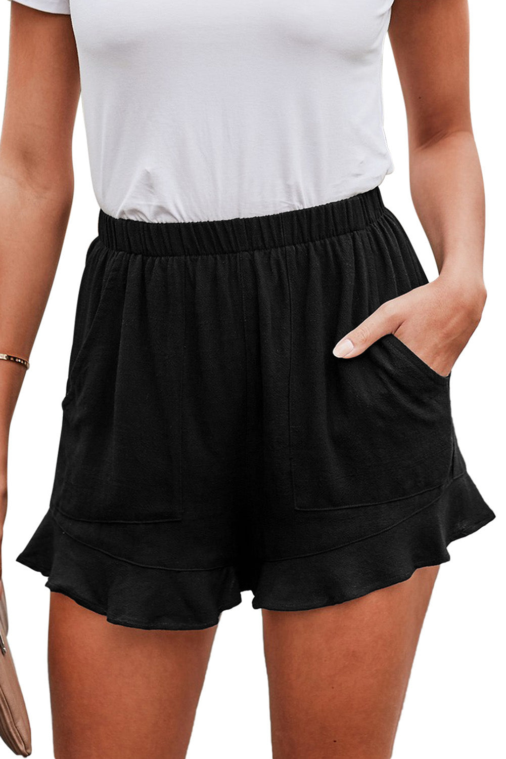 Casual Pocketed Flutter Black Linen Cotton Shorts