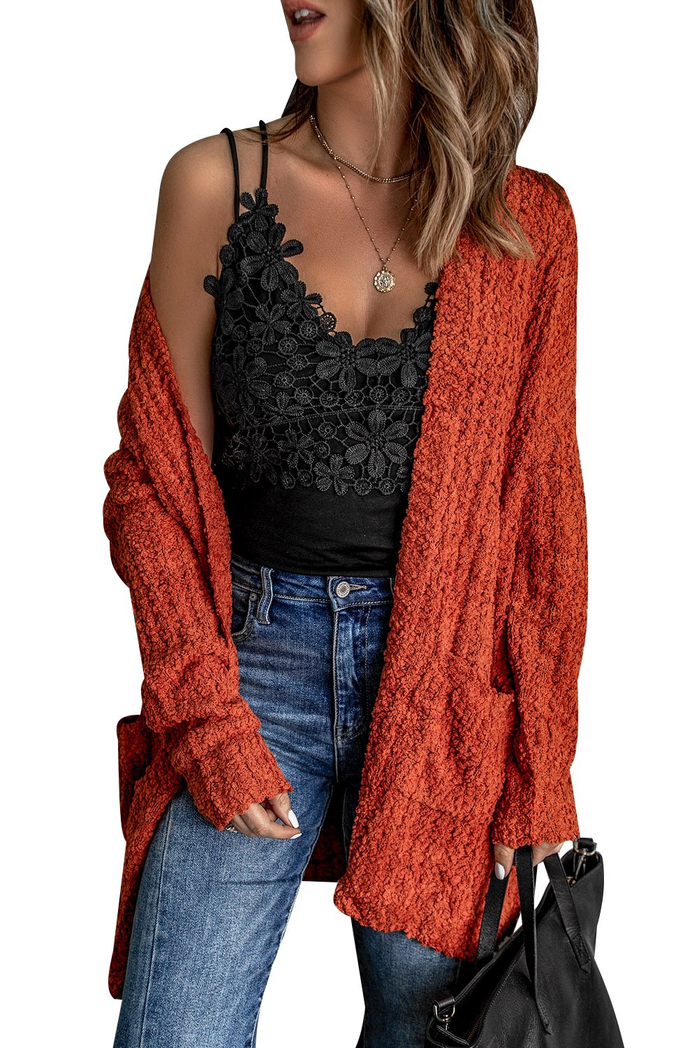 Casual Red Pebble Beach Textured Cardigan