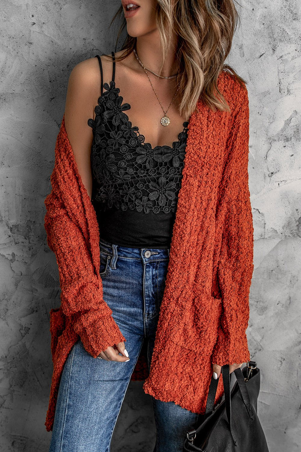 Casual Red Pebble Beach Textured Cardigan