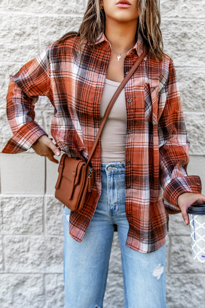Casual Red Plaid Long Sleeve Shirt with Pocket