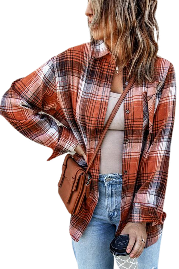 Casual Red Plaid Long Sleeve Shirt with Pocket