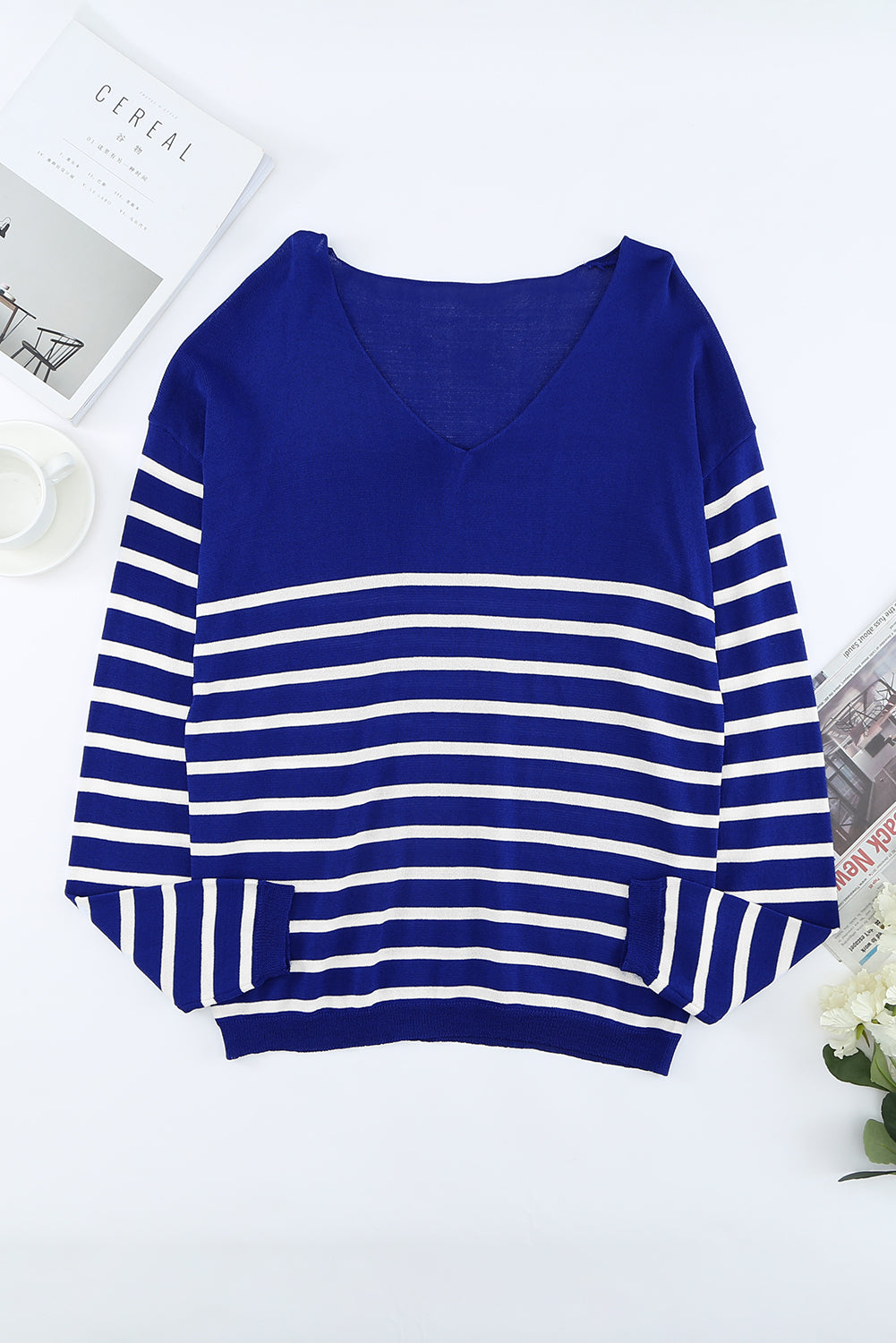 Casual Striped V Neck Long Sleeve Sweater