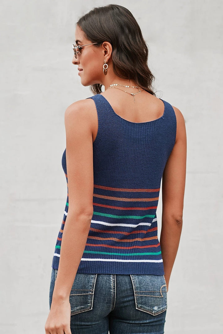 Casual Summer Multicolor Stripes Blue Knit Tank Top