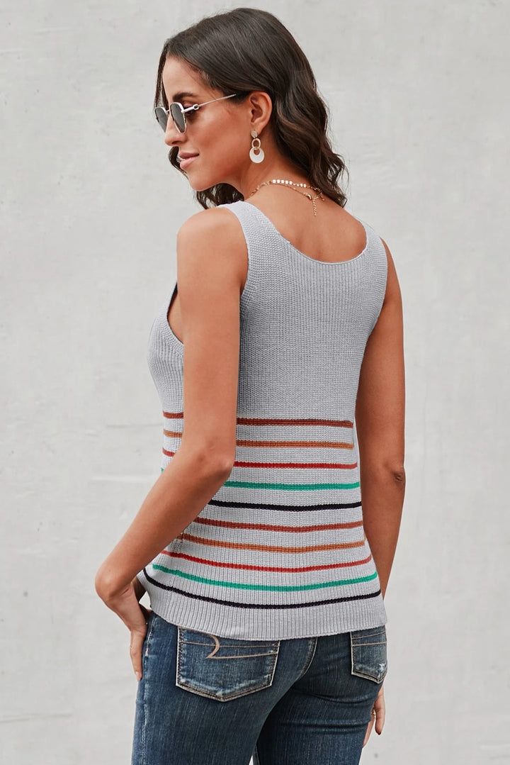 Casual Summer Multicolor Stripes Gray Knit Tank Top