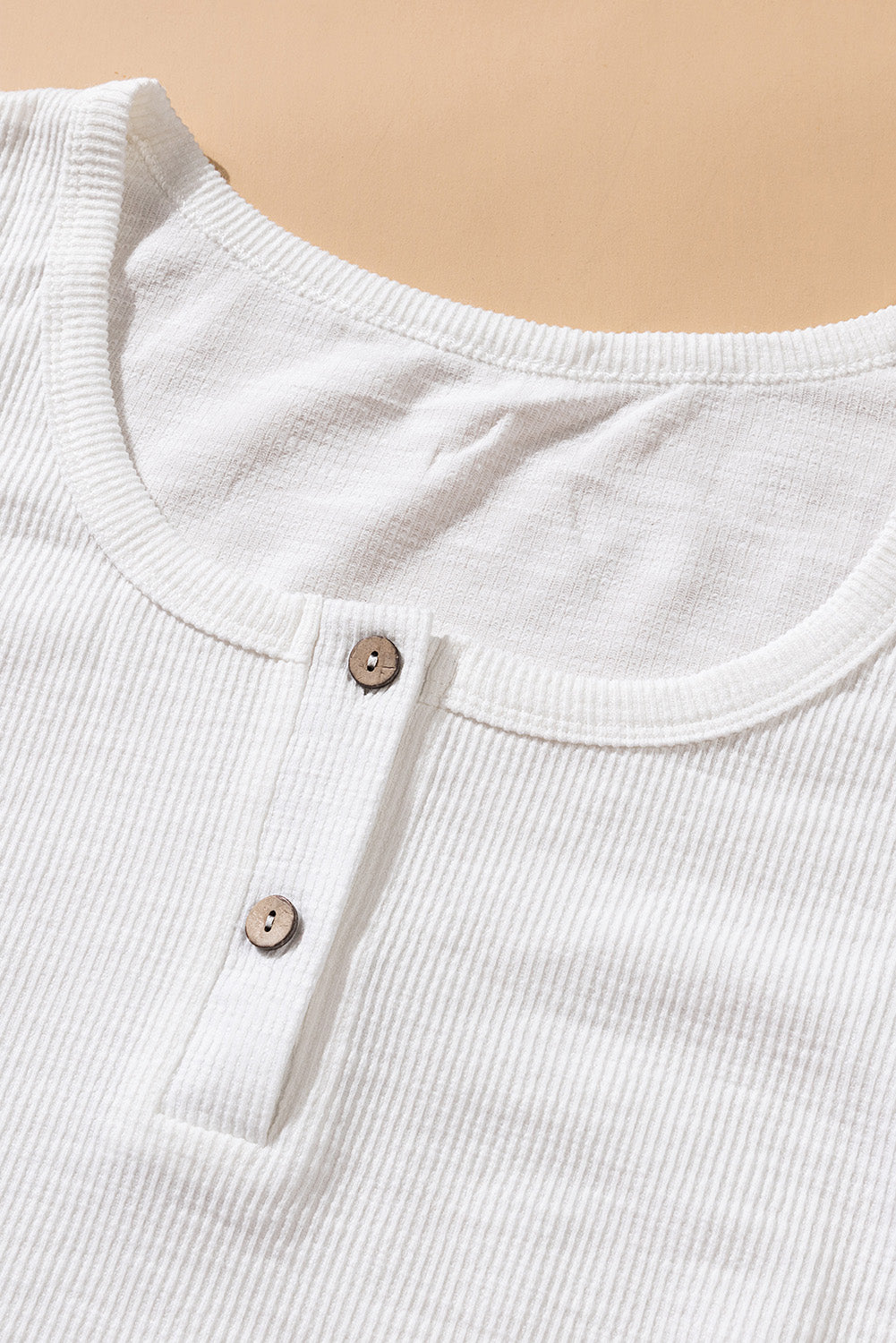 Casual White Crewneck Buttons Ribbed Knit Long Sleeve Top
