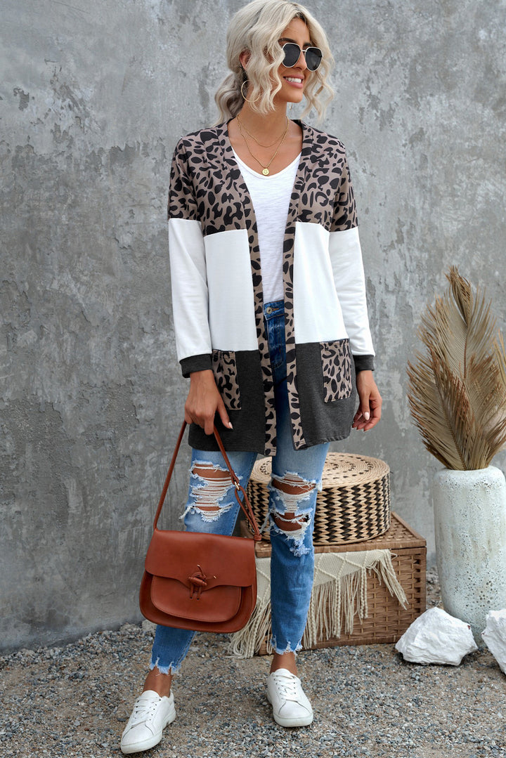 Casual White Leopard Block Cardigan with Pockets