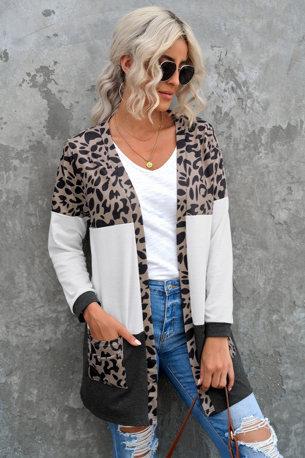 Casual White Leopard Block Cardigan with Pockets