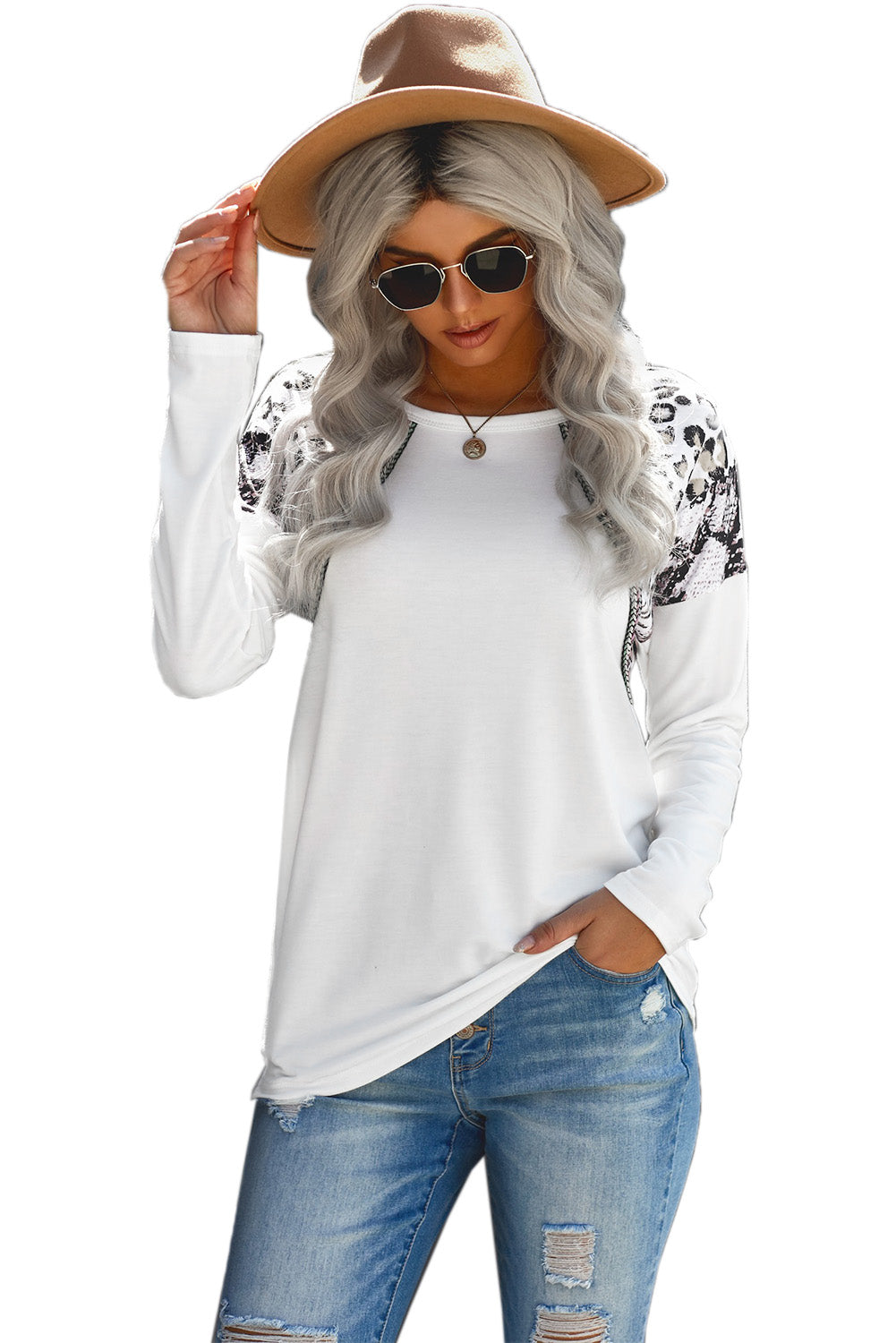 Casual White Long Sleeve Top With Leopard Snakeskin Print
