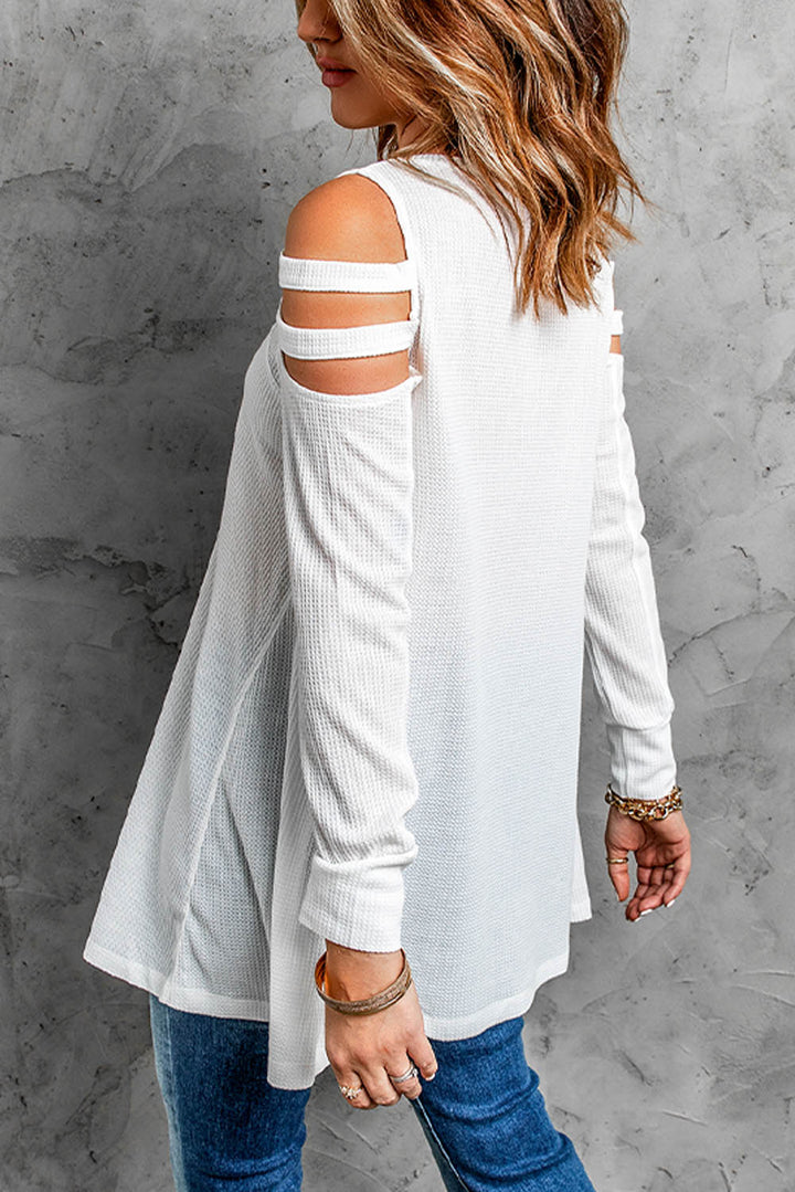 Casual White Zip Neck Cut-out Waffle Knit Long Sleeve Top