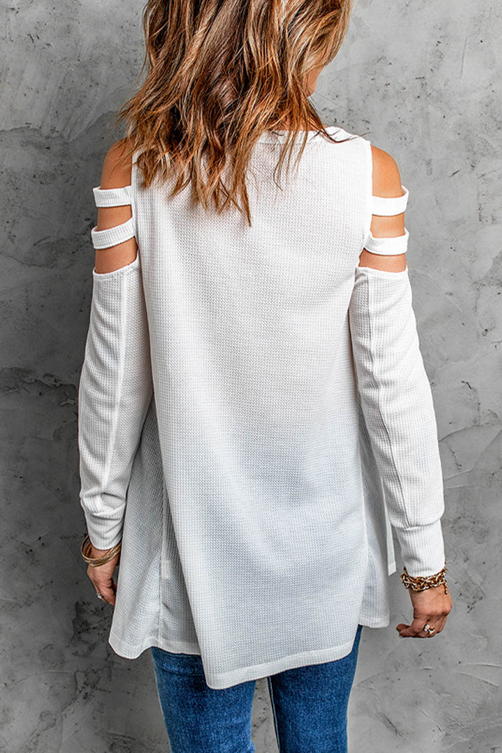 Casual White Zip Neck Cut-out Waffle Knit Long Sleeve Top