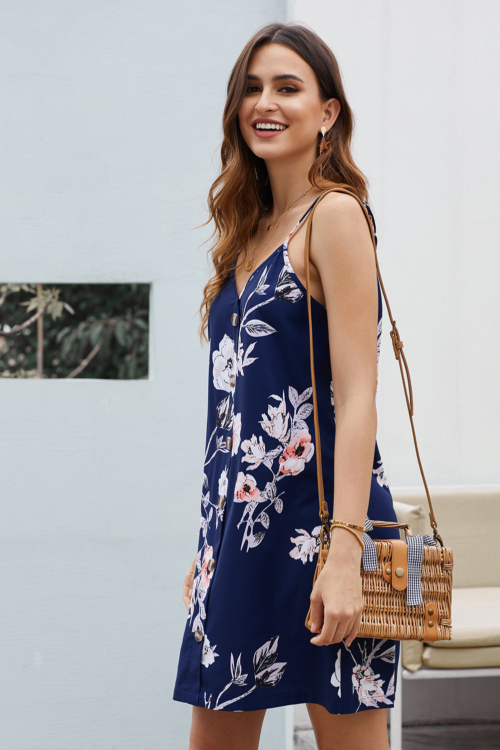 Casual Blue Floral Pattern Buttoned Slip Cami Dress