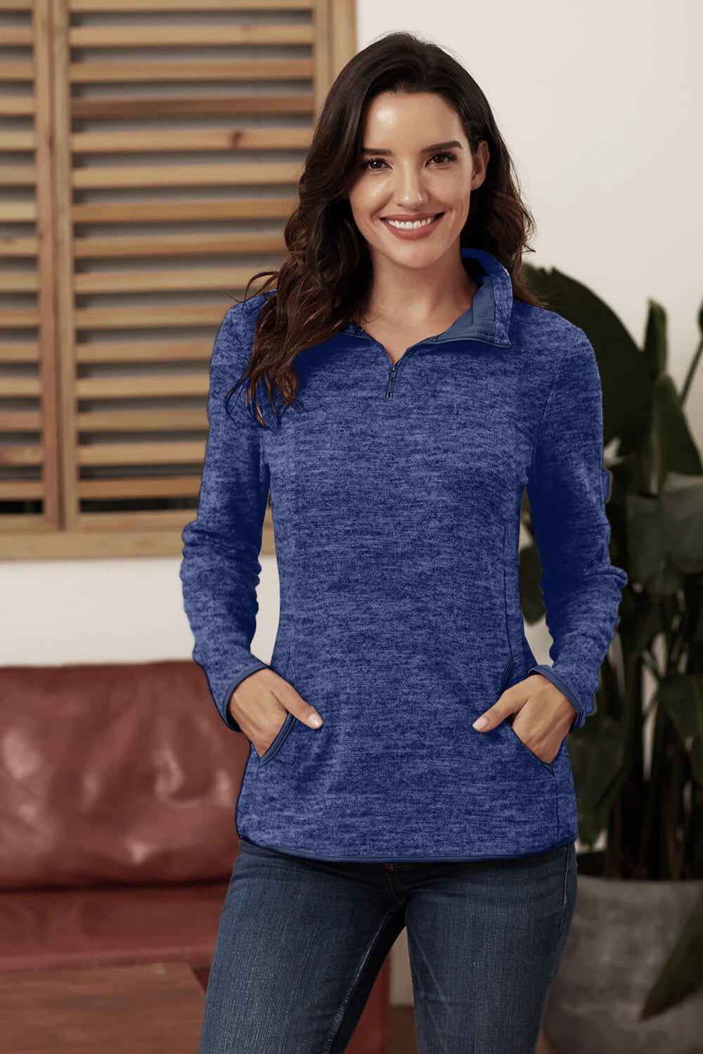 Casual Blue Quarter Zip Pullover Sweatshirt