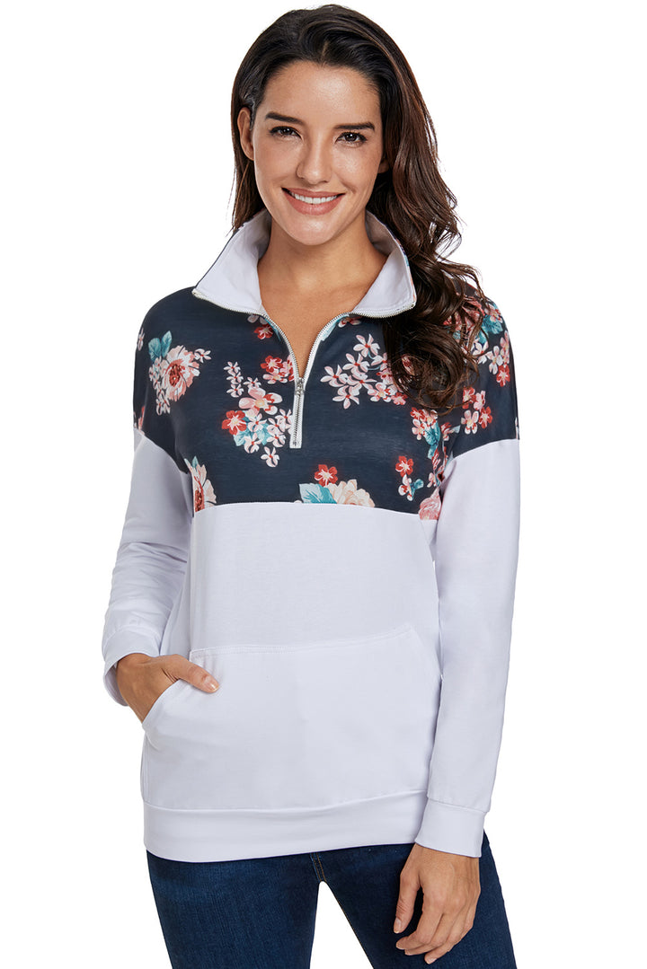 Casual Floral Splice White Kangaroo Pocket Zip Collar Sweatshirt