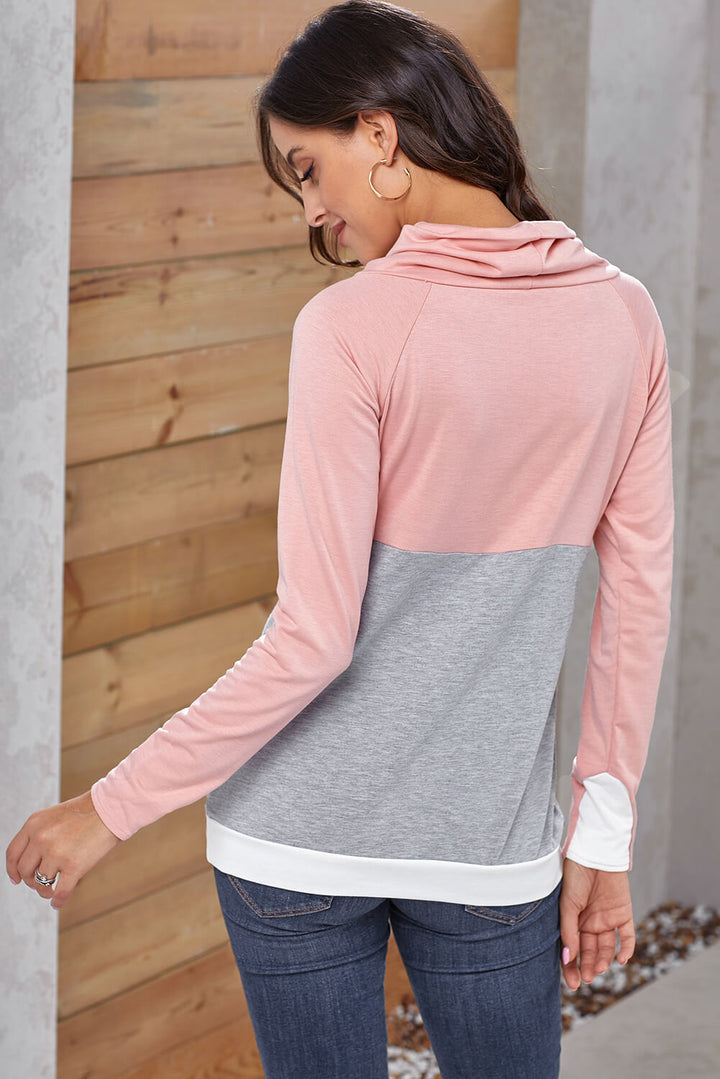 Casual Pink Gray Colorblock Thumbhole Sleeved Sweatshirt