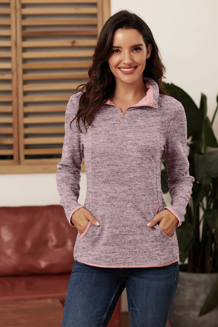 Casual Pink Quarter Zip Pullover Sweatshirt