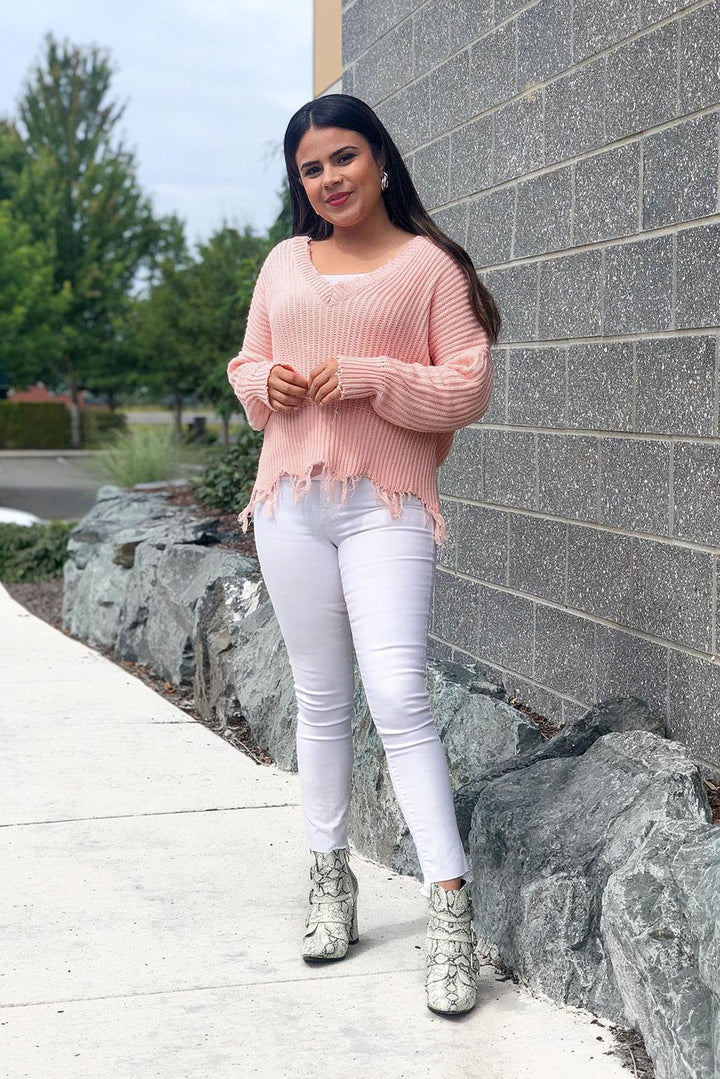 Casual Pink Tainted Love Cotton Distressed Sweater