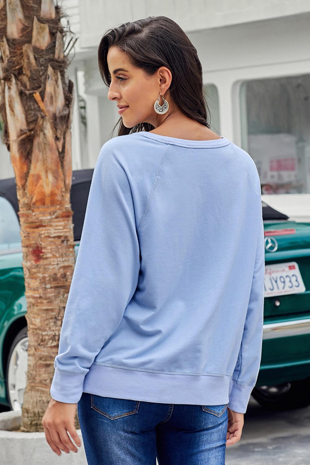 Casual Sky Blue French Terry Cotton Blend Pullover Sweatshirt