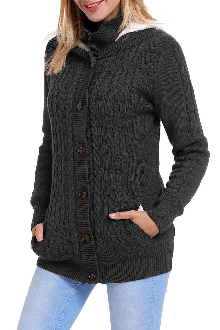 Charcoal Long Sleeve Button-up Hooded Knit Cardigans