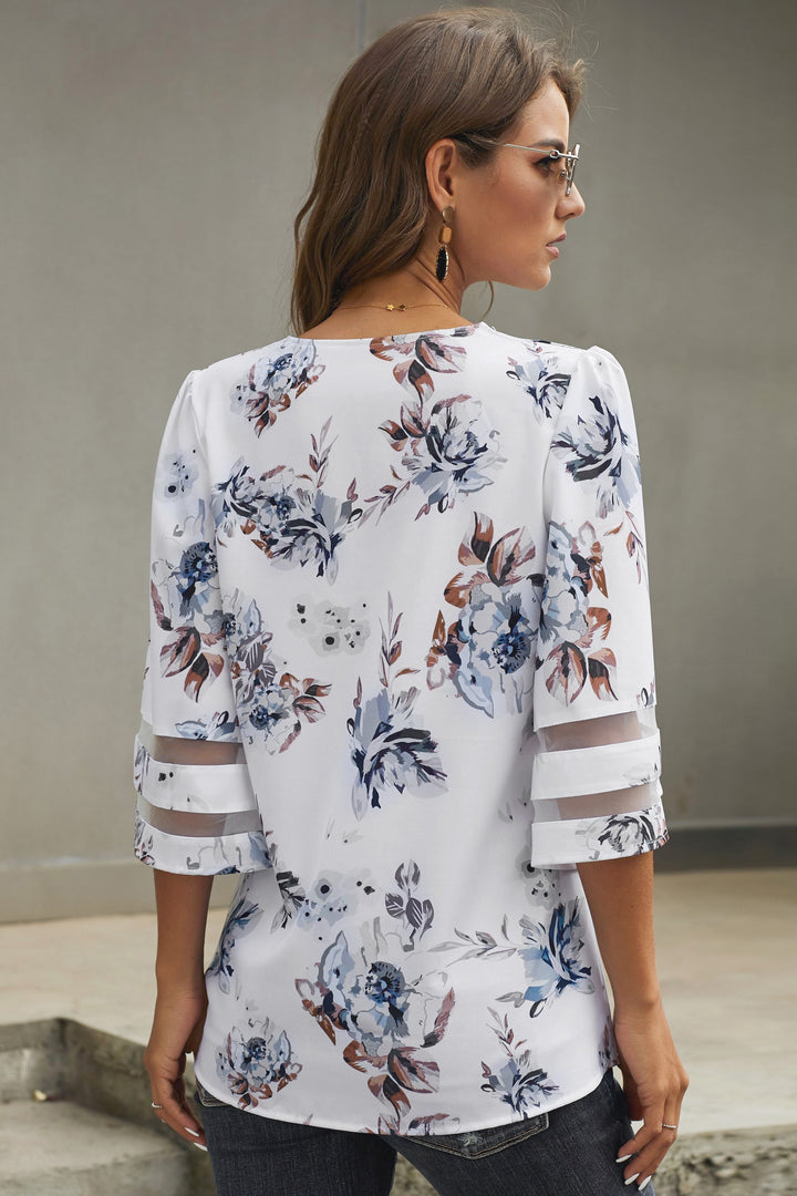 Chic 3/4 Flared Sleeve White Floral Blouse