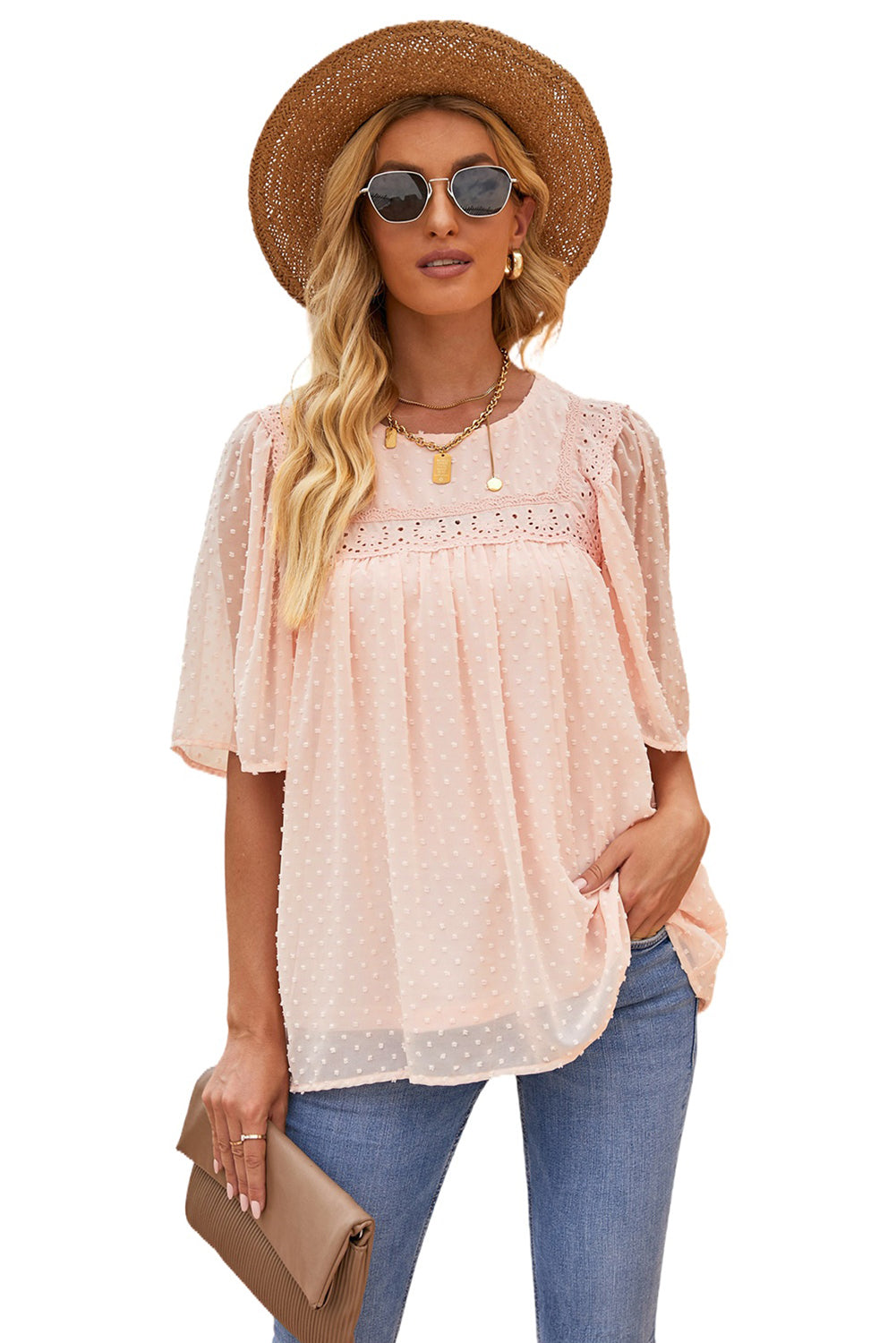 Chic Apricot Flutter Sleeves Sheer Textured Babydoll Top