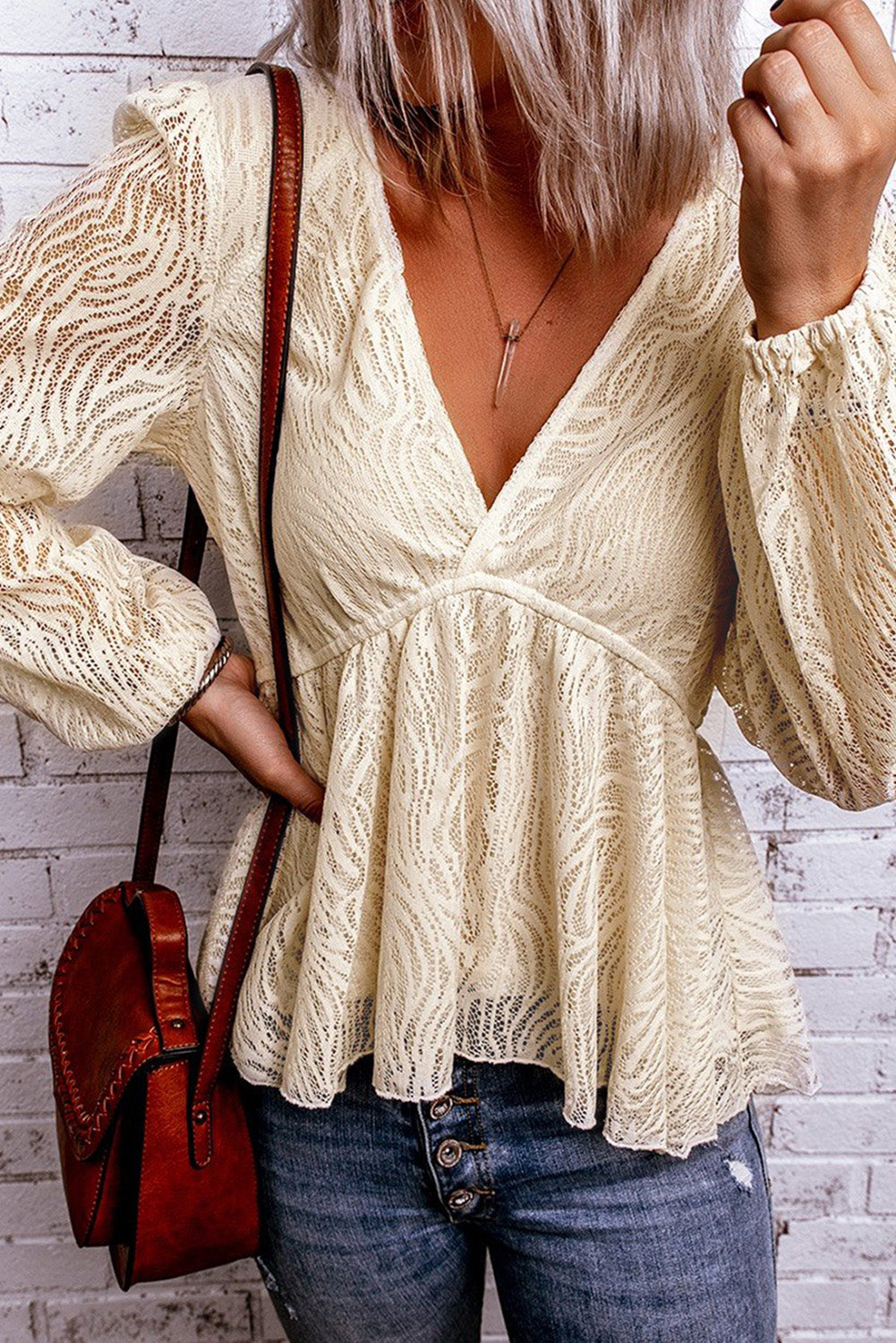 Chic Apricot Lace V Neck Bubble Sleeves Flowy Blouse