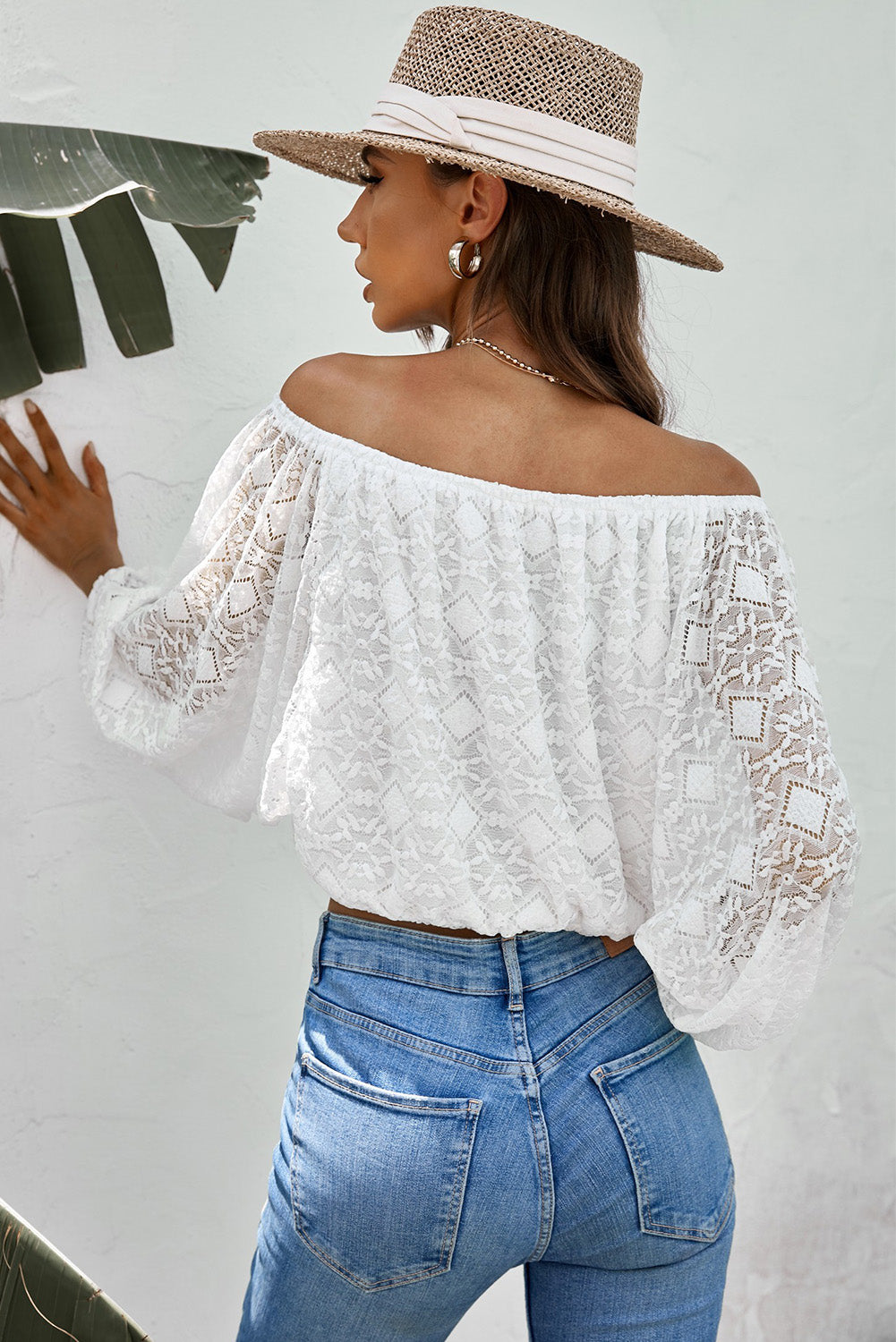Chic Beige White Lace Off The Shoulder Puff Sleeve Blouse