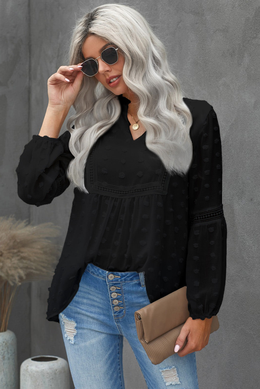 Chic Black Ruffled Split Neck Lace Hollow Out Puff Sleeve Polka Dot Blouse