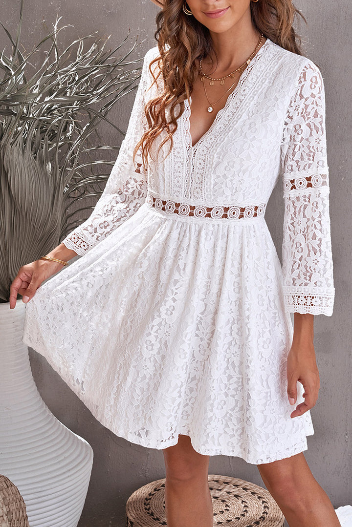 Chic Boho White Lace V Neck See-through Sleeve Mini Dress