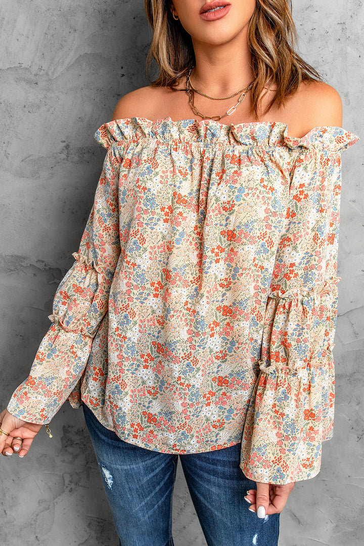 Chic Floral Print Off The Shoulder Ruffled Bell Sleeve Blouse