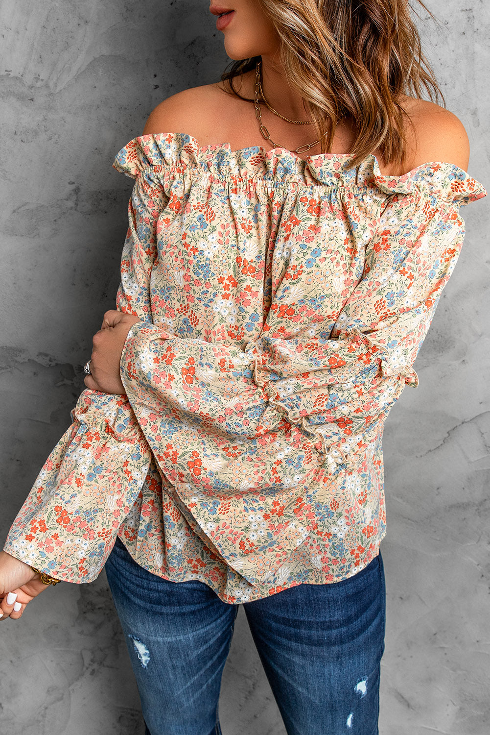 Chic Floral Print Off The Shoulder Ruffled Bell Sleeve Blouse