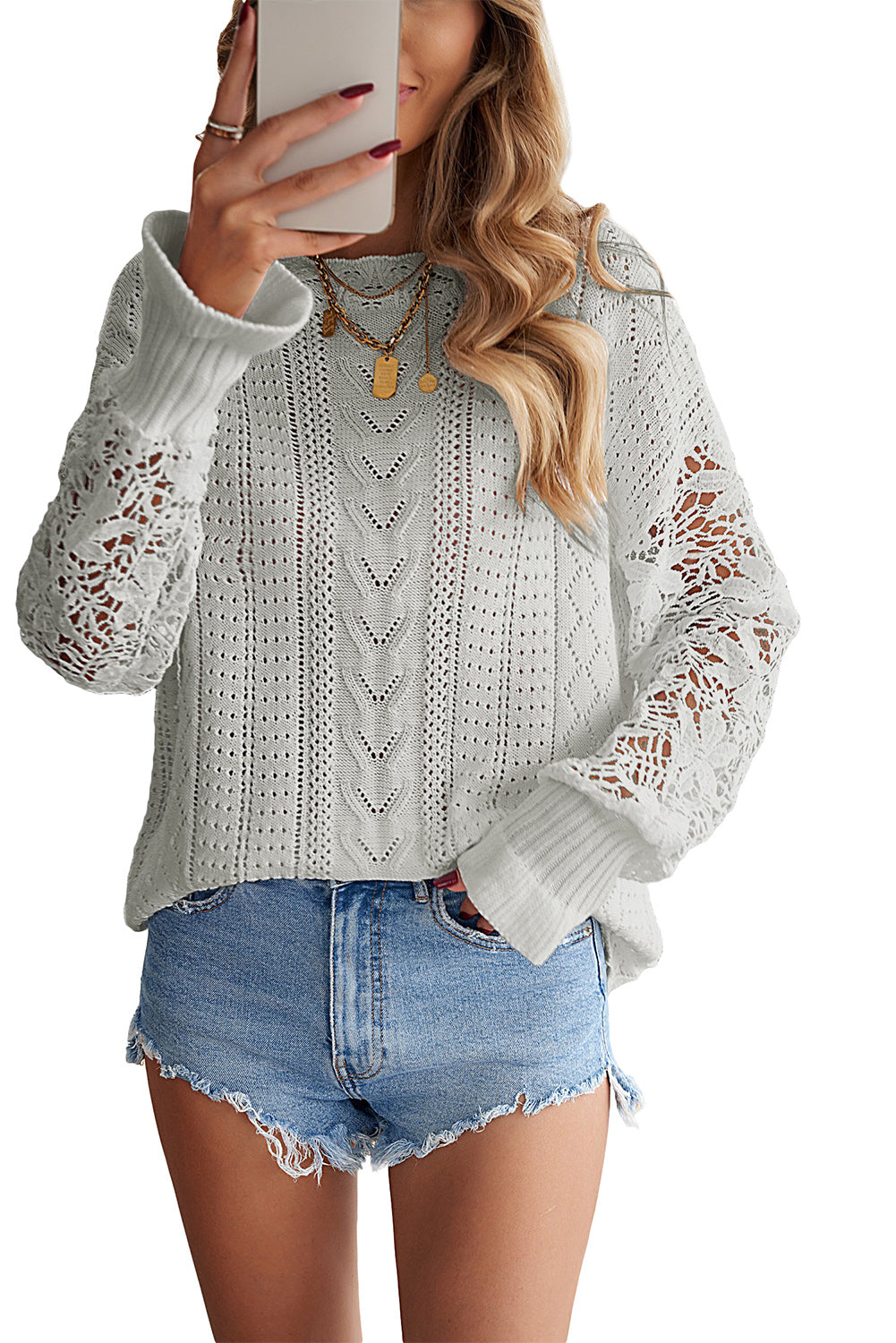 Chic Gray Crochet Lace Pointelle Knit Sweater