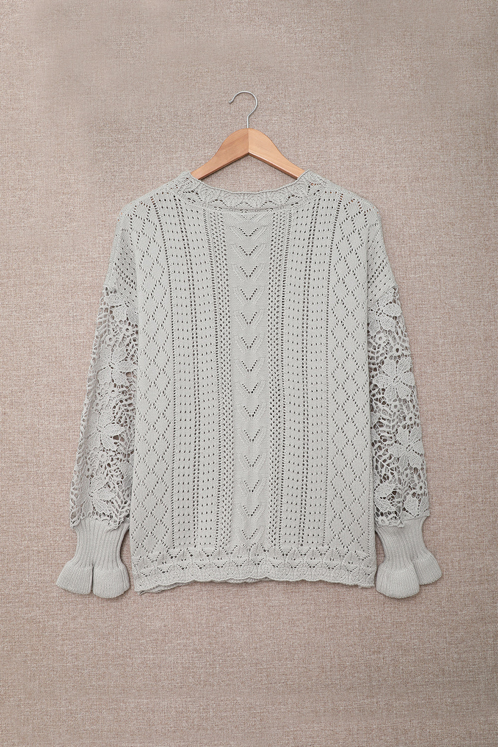 Chic Gray Crochet Lace Pointelle Knit Sweater