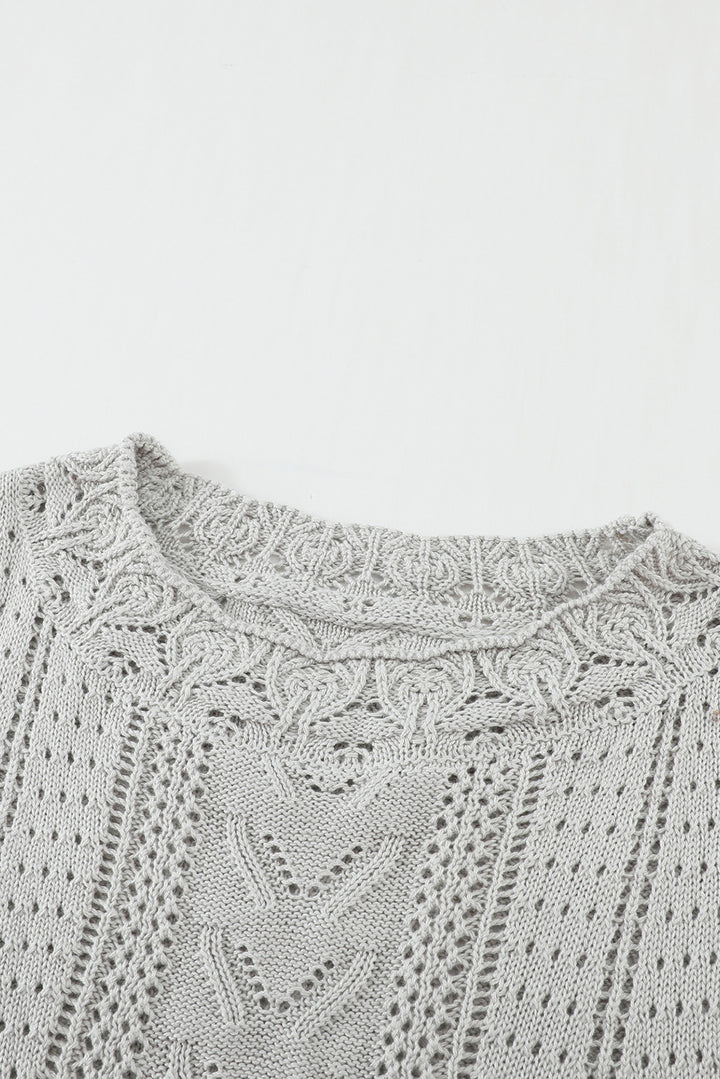 Chic Gray Crochet Lace Pointelle Knit Sweater
