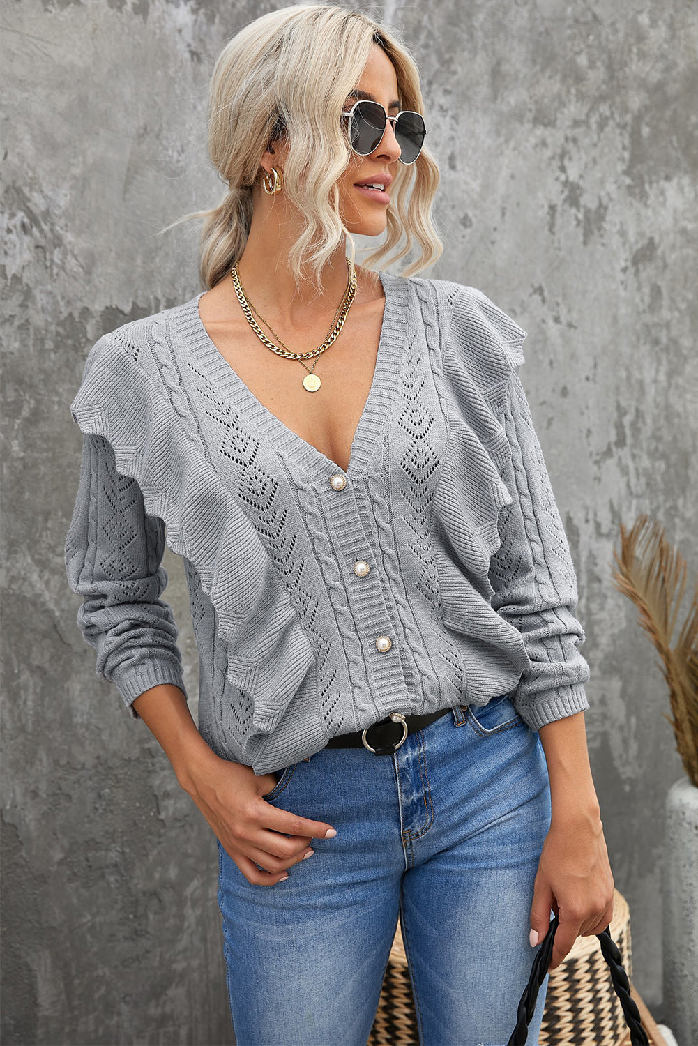 Chic Gray Ruffled Buttoned Open Front V Neck Knitted Sweater, Shop for cheap Chic Gray Ruffled Buttoned Open Front V Neck Knitted Sweater