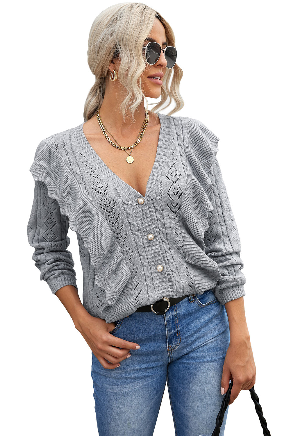 Chic Gray Ruffled Buttoned Open Front V Neck Knitted Sweater