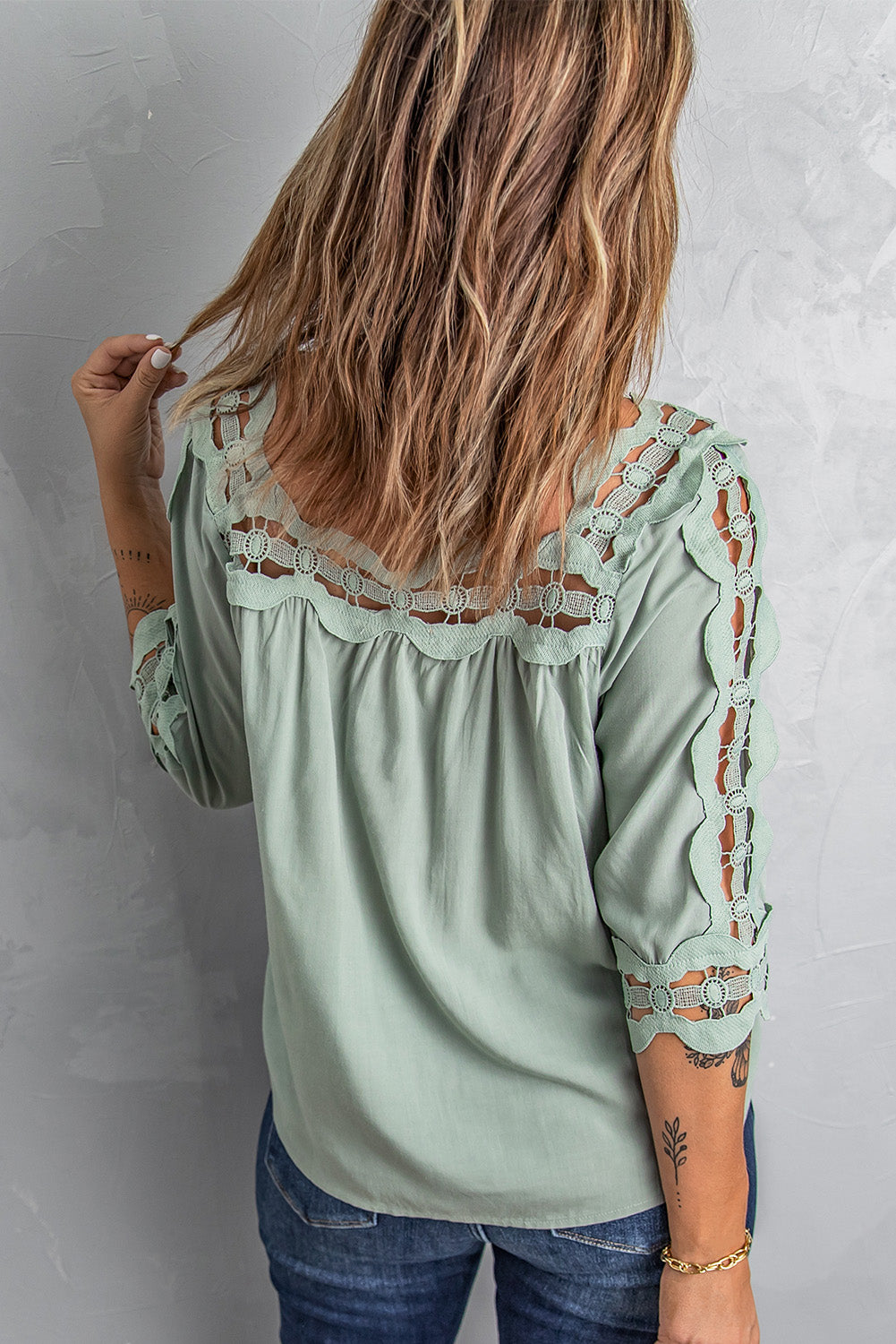 Chic Green Crochet Trim Hollow-out Blouse